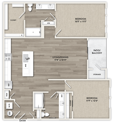 Floor plan for 2 beds, 2 baths, 1236 sqft